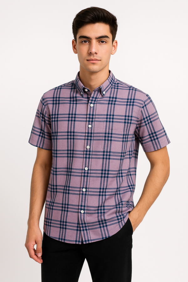 قميص رجالي نصف كم – نقش مربعات بنفسجي