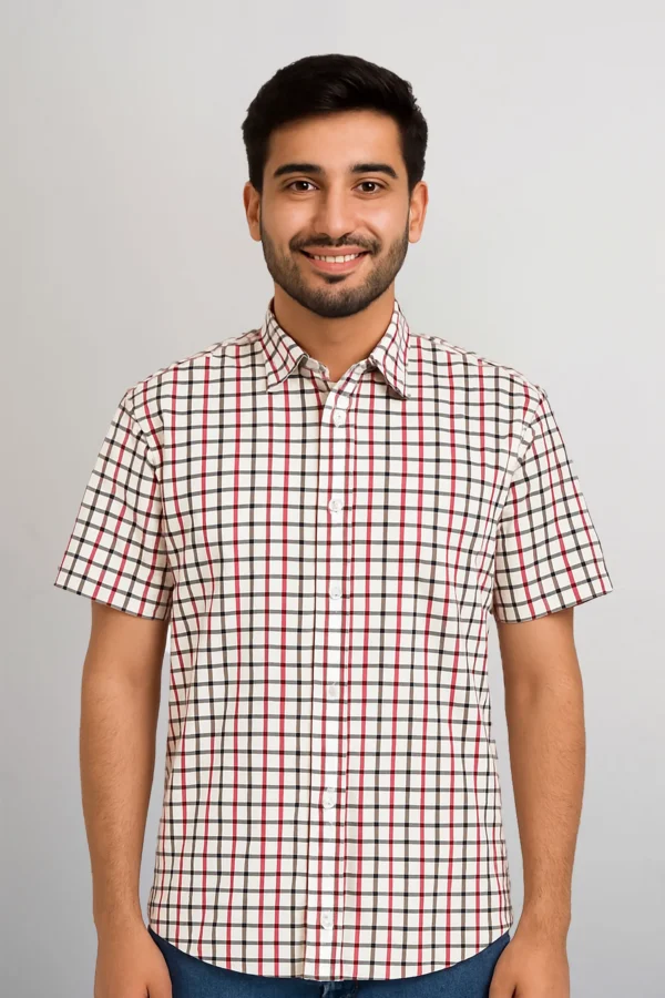 قميص رجالي نصف كم – نقش مربعات أبيض