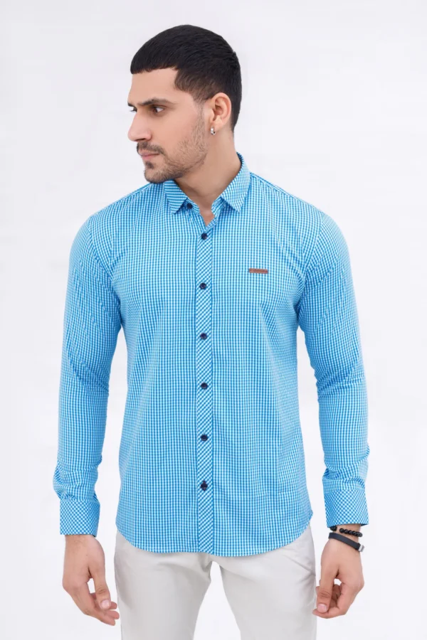 قميص رجالي كاجوال – نقش مربعات أزرق سماوي