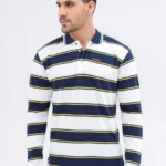 بولو رجالي بأكمام طويلة – مخطط أبيض/كحلي