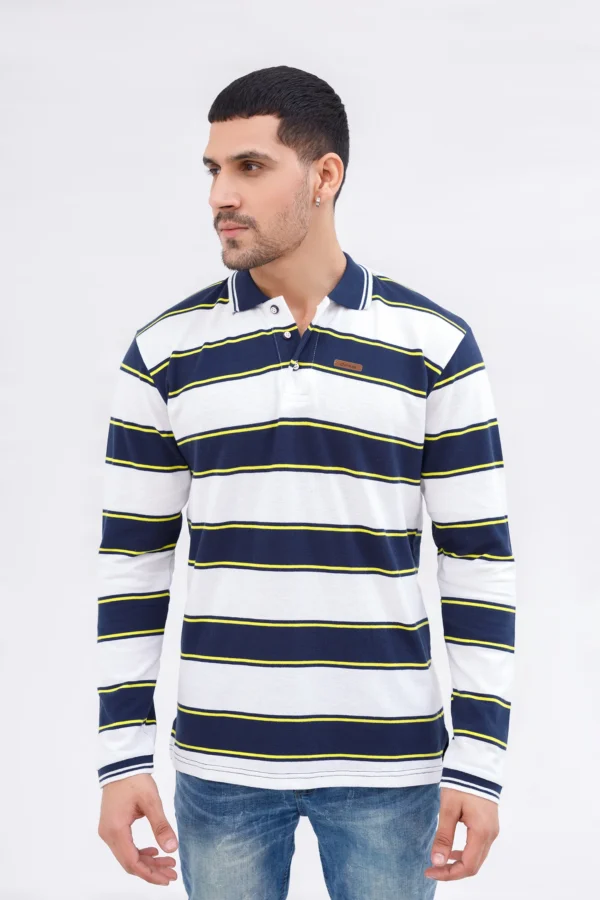 بولو رجالي بأكمام طويلة – مخطط أبيض/كحلي