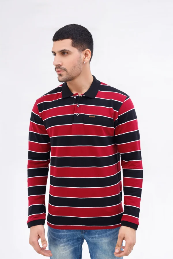 بولو رجالي بأكمام طويلة – مخطط أحمر/كحلي - الصورة 2