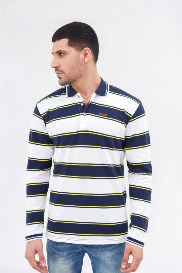 ⁦بولو رجالي بأكمام طويلة – مخطط أبيض/كحلي⁩ - الصورة ⁦2⁩