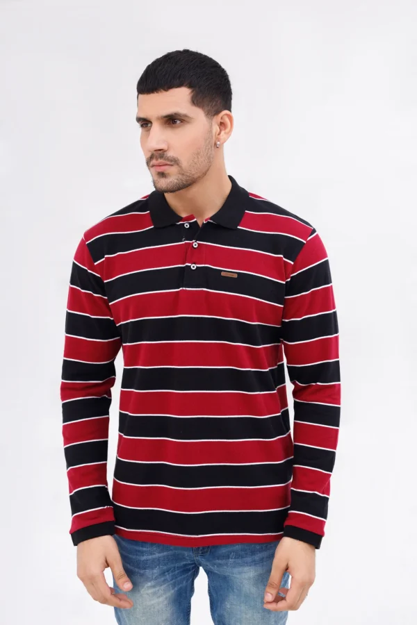 بولو رجالي بأكمام طويلة – مخطط أحمر/كحلي